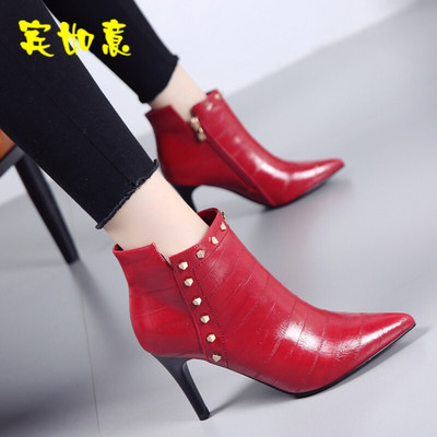 欧美性感尖头细跟铆钉短靴 2017秋季时尚百搭踝靴推荐